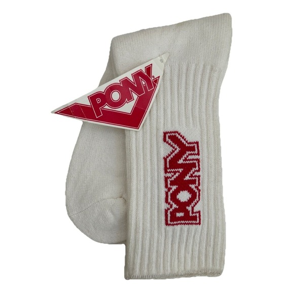 Pony Other - Mens VTG Pony Crew Socks 1980s Cotton Poly Acrylic 10-13 Made USA White Red NOS